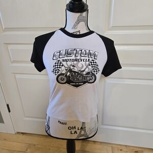 Custom Motorcycle Graphic Cropped Shirt - Black and White